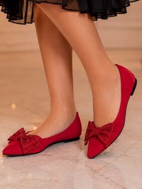 Kelly & Katie Red Rhinestone Bow Pointed Toe Ballet Flats